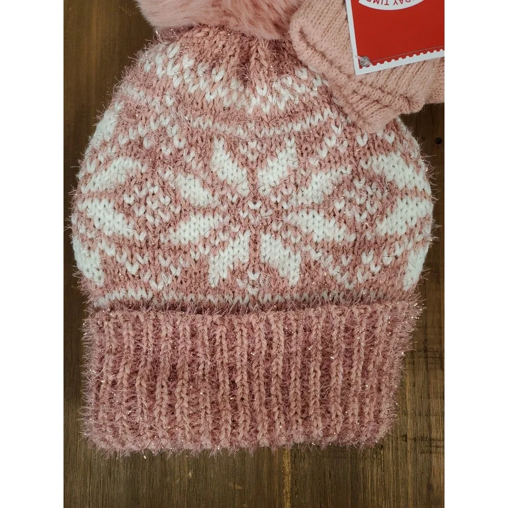 Tinsel Snowflake Hat & Gloves Set - Rose Pink Open Finger Texting Women's NEW